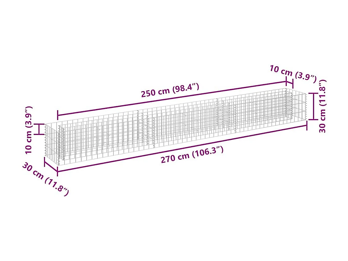 Gabion verhoogde bak Gegalvaniseerd staal 270x30x30 cm