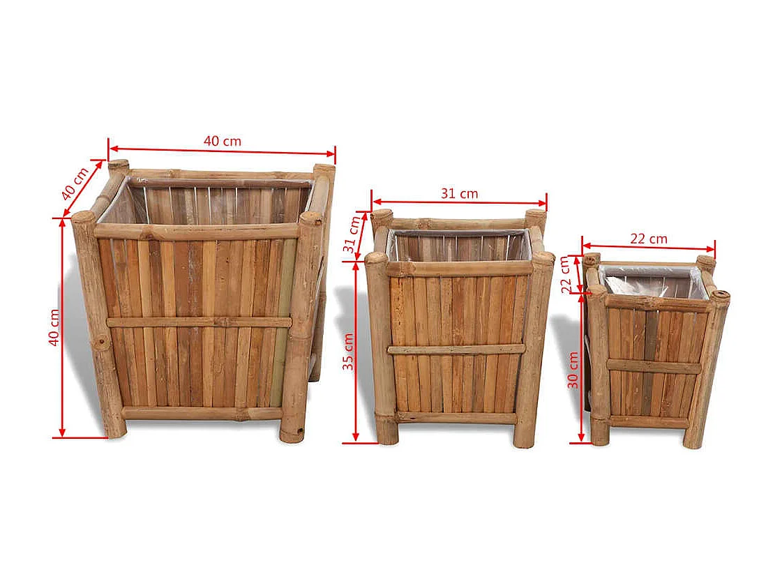 Lits surélevés en bambou avec doublure en nylon 3 pcs