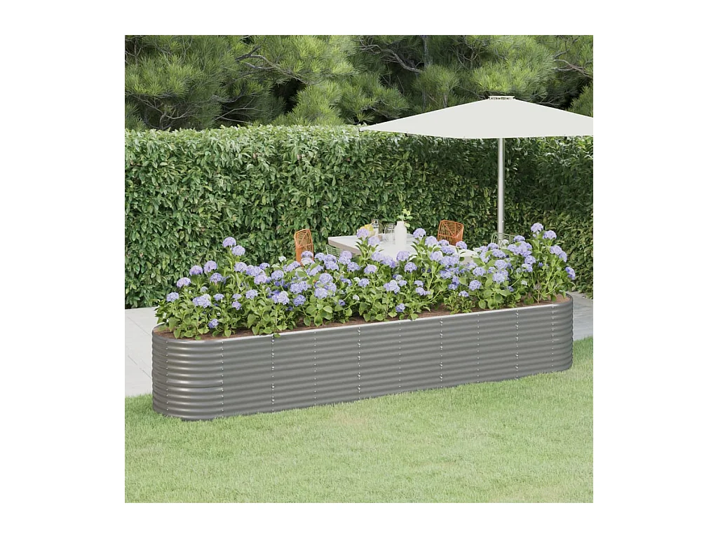 Bancal de jardín elevado de acero con recubrimiento en polvo, 368 x 80 x 68 cm, color gris