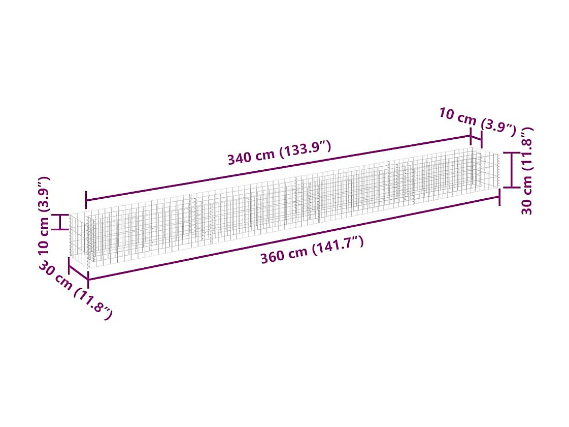 Lit surélevé à gabion Acier galvanisé 360x30x30 cm