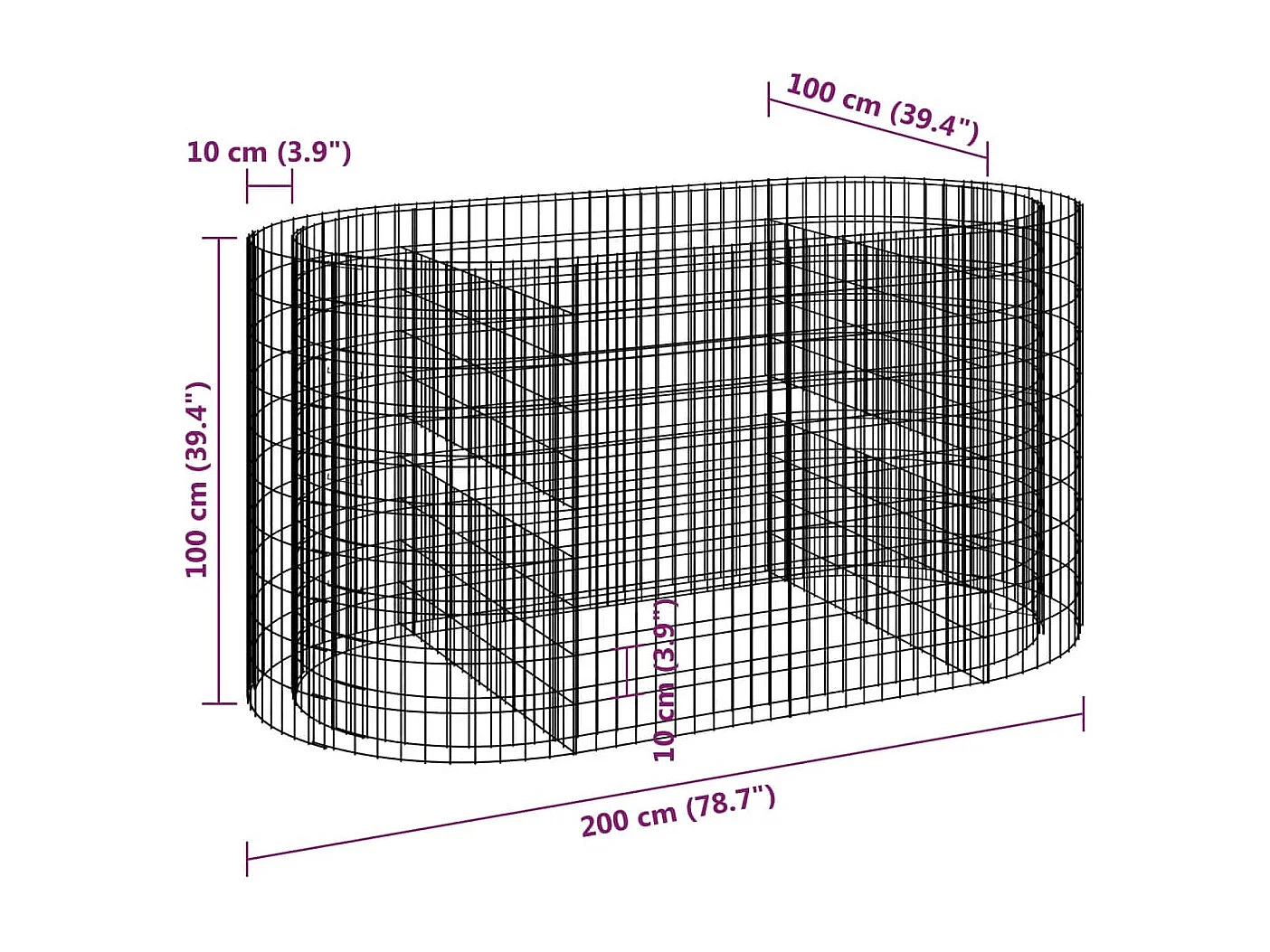 Gabbione letto rialzato in ferro zincato 200x100x100 cm