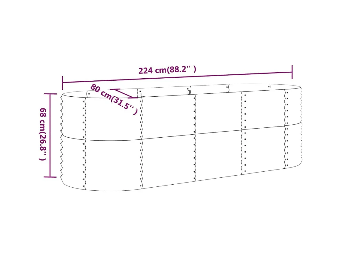 Bancal de jardín elevado de acero con recubrimiento en polvo, 224 x 80 x 68 cm, color gris
