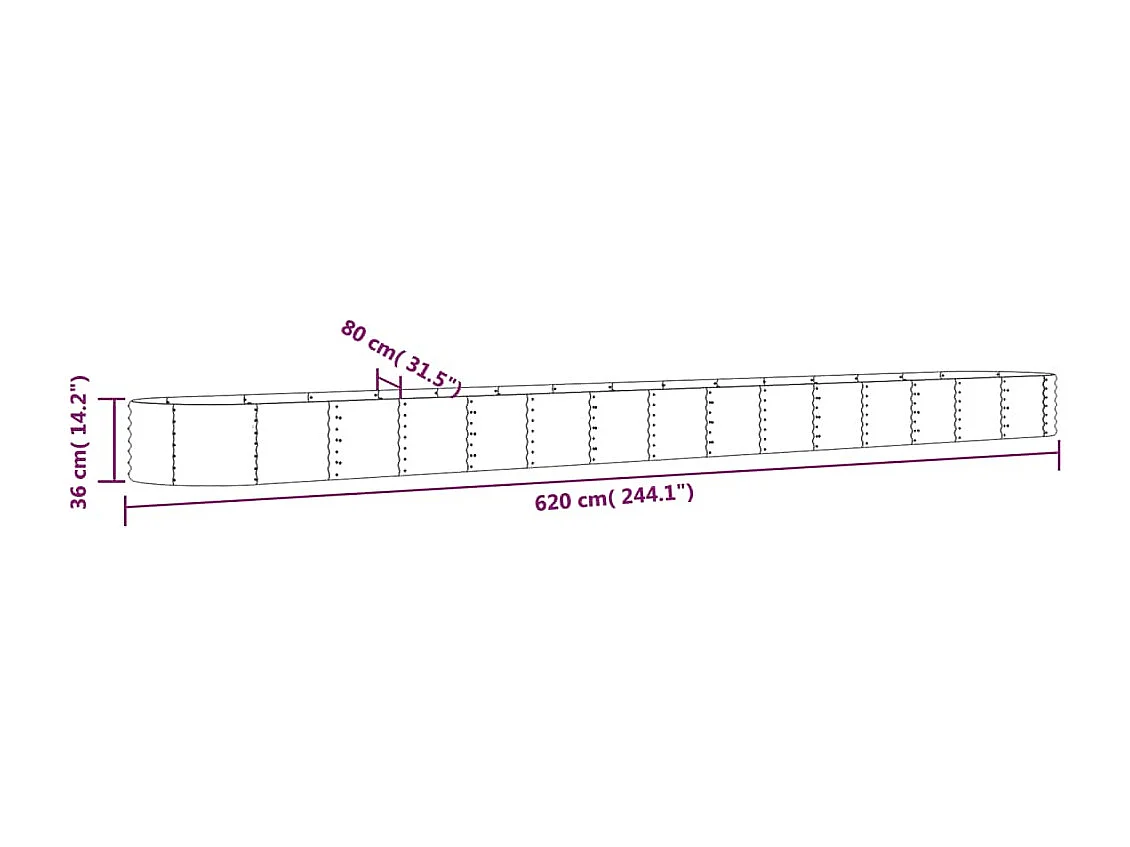 Bancal de jardín elevado de acero con recubrimiento en polvo, 620 x 80 x 36 cm, color gris