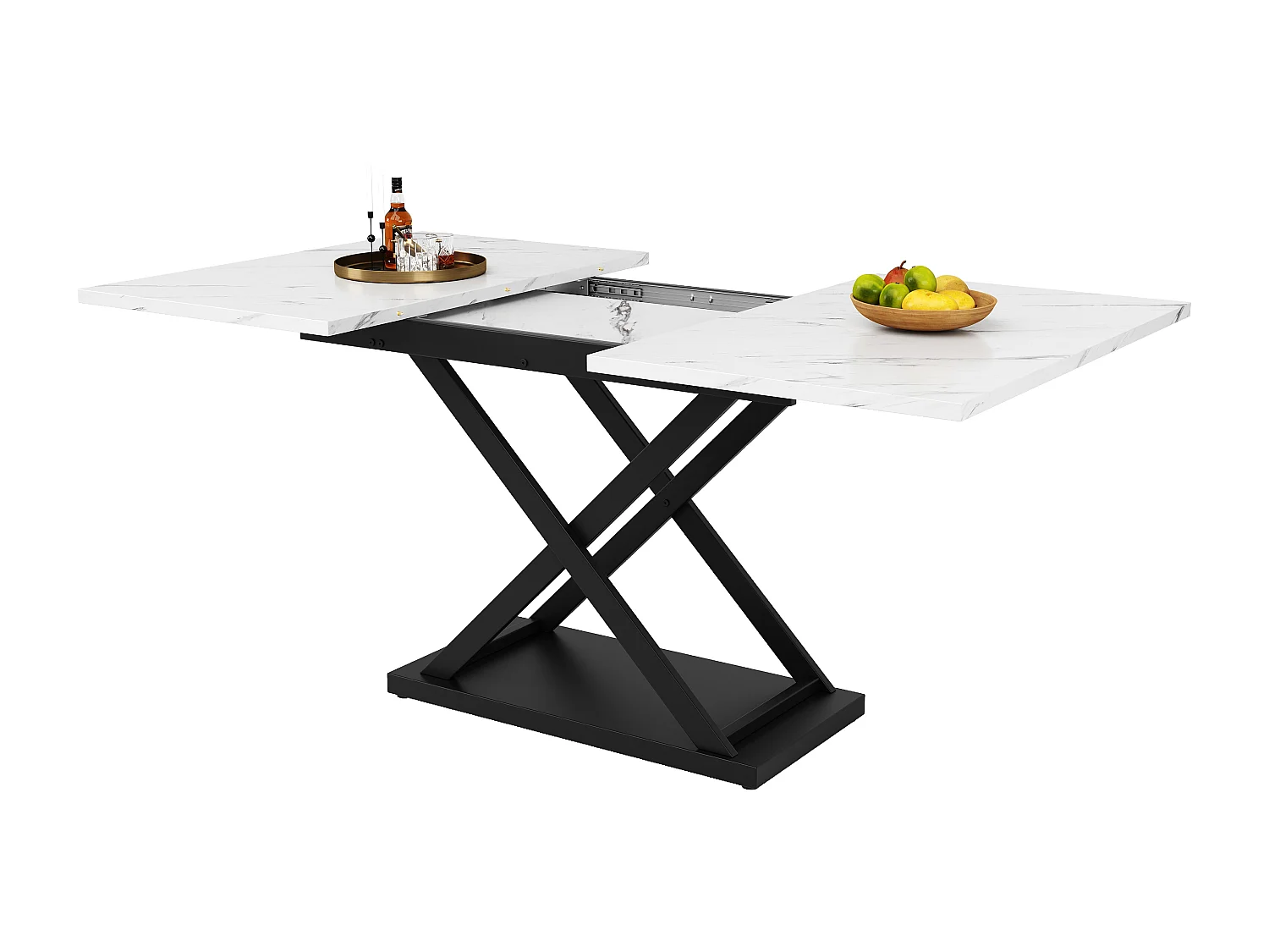 Uitschuifbare eettafel (120-160x80 cm), met 3 opbergplanken, moderne keukentafel van MDF en metaal, zwart en natuurlijk hout