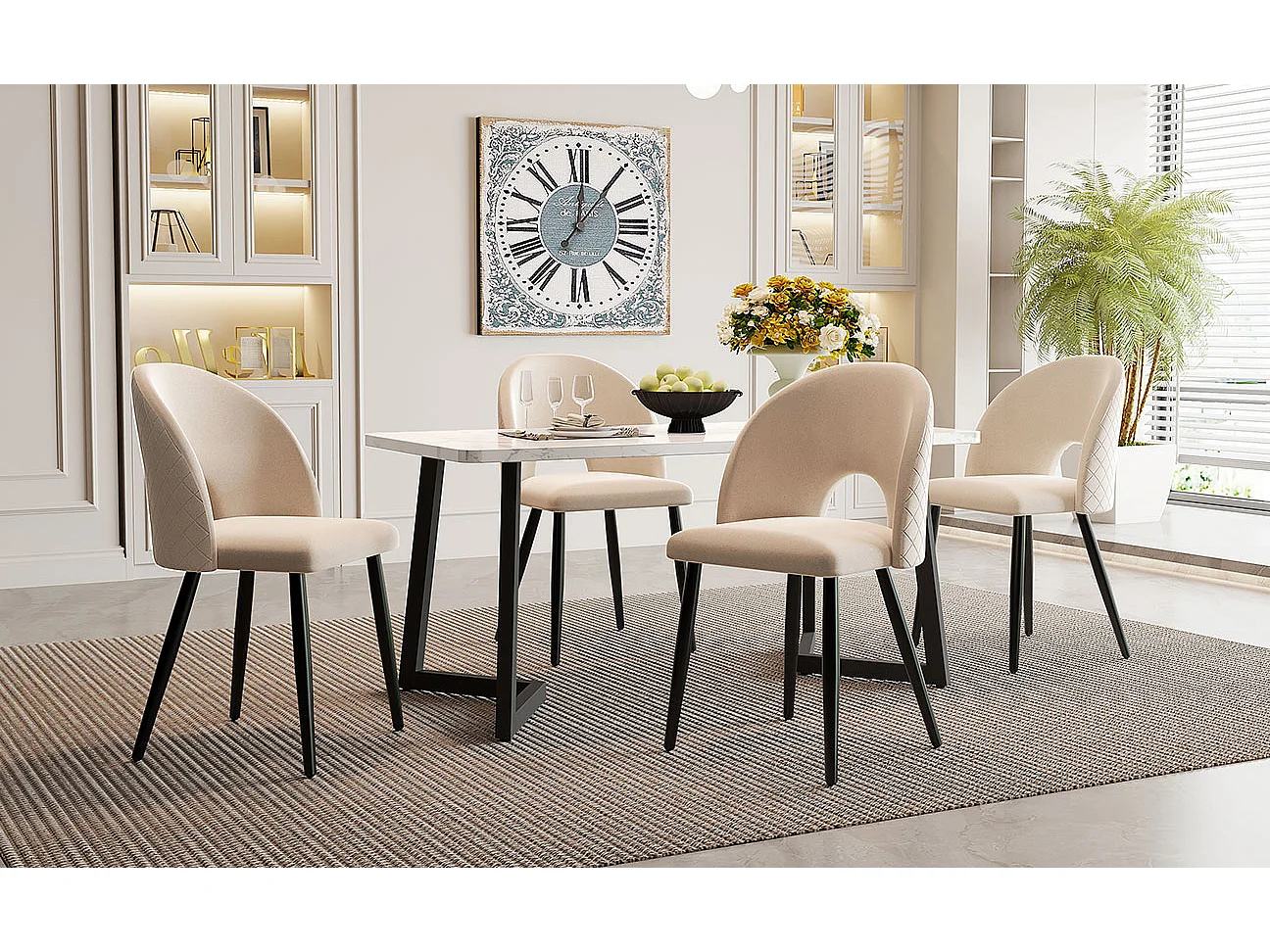 Set da pranzo da 5 pezzi, tavolo rettangolare moderno, sedie in velluto beige con motivo a rombi, gambe regolabili, piedini neri (117x68x75 cm)
