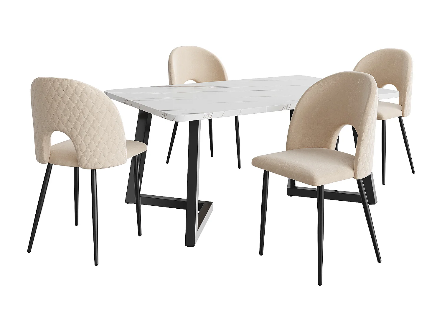 Set da pranzo da 5 pezzi, tavolo rettangolare moderno, sedie in velluto beige con motivo a rombi, gambe regolabili, piedini neri (117x68x75 cm)