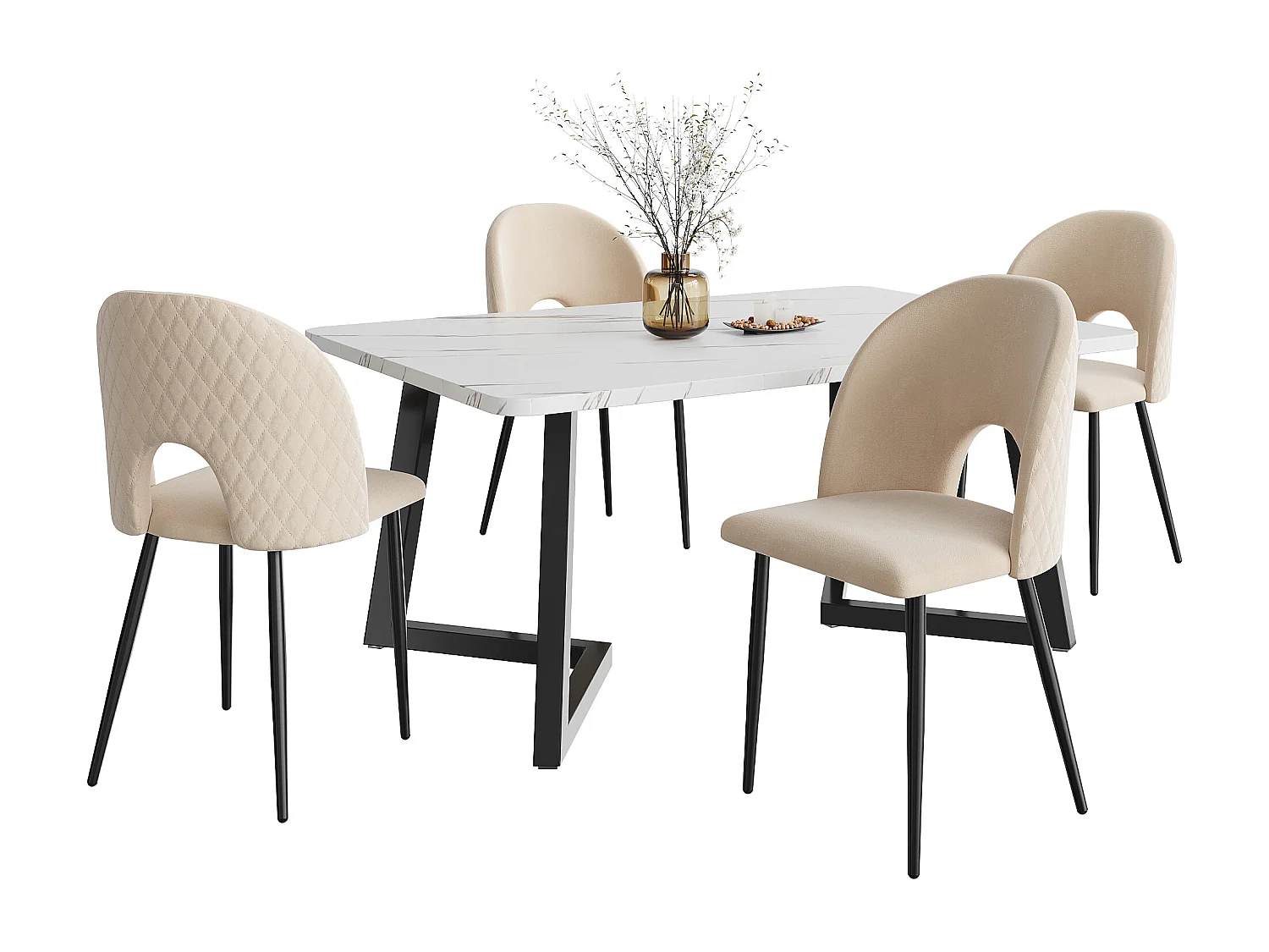Set da pranzo da 5 pezzi, tavolo rettangolare moderno, sedie in velluto beige con motivo a rombi, gambe regolabili, piedini neri (117x68x75 cm)