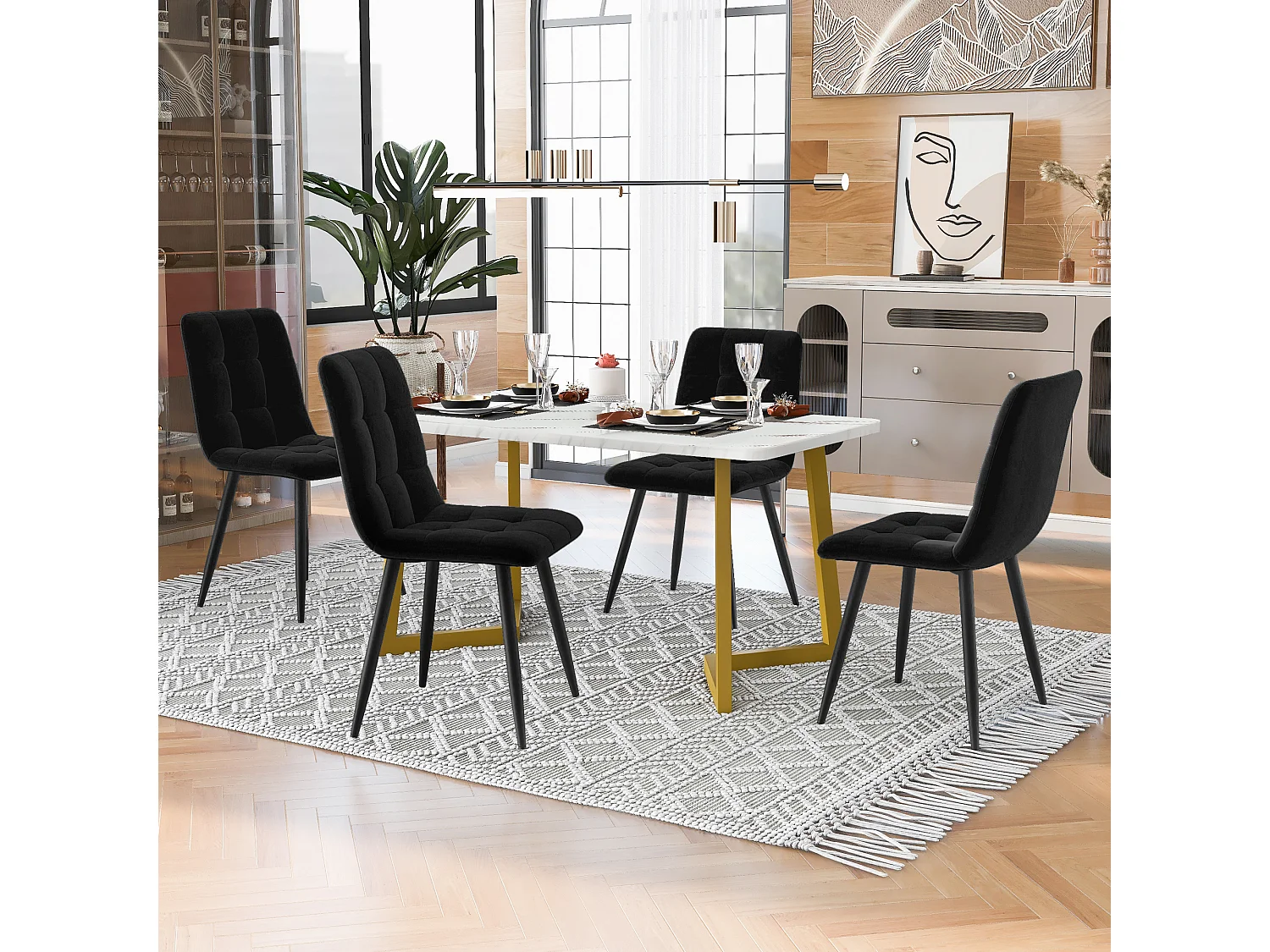 ensemble de salle à manger (5 pièces), Table Rectangulaire 117x68 cm avec 4 Chaises en Velours Gris Foncé, Pieds Métalliques Dorés