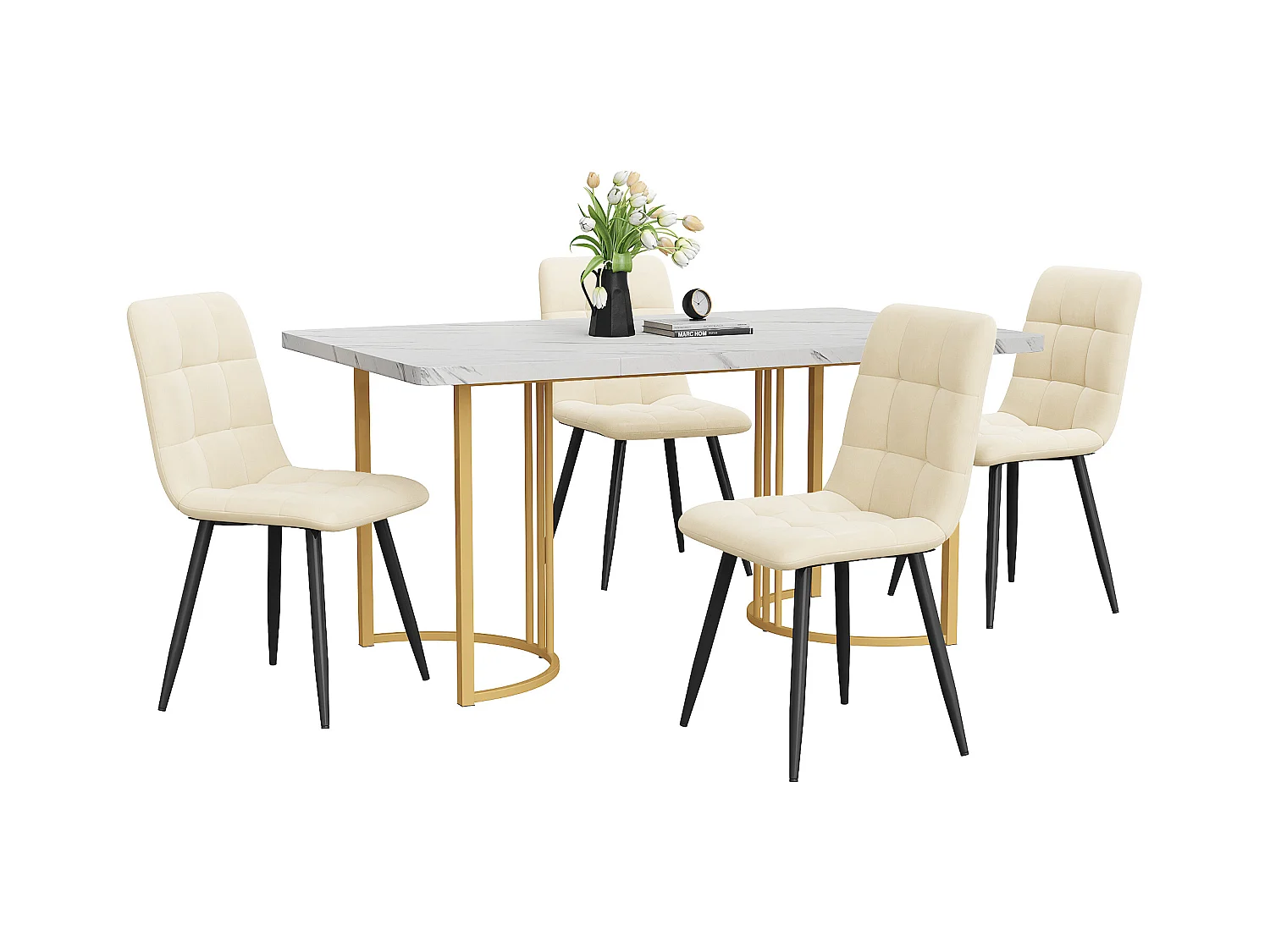 Set da pranzo da 5 pezzi, con 4 sedie, tavolo in MDF bianco con gambe in metallo dorato, sedie in velluto beige (140x80x75 cm)