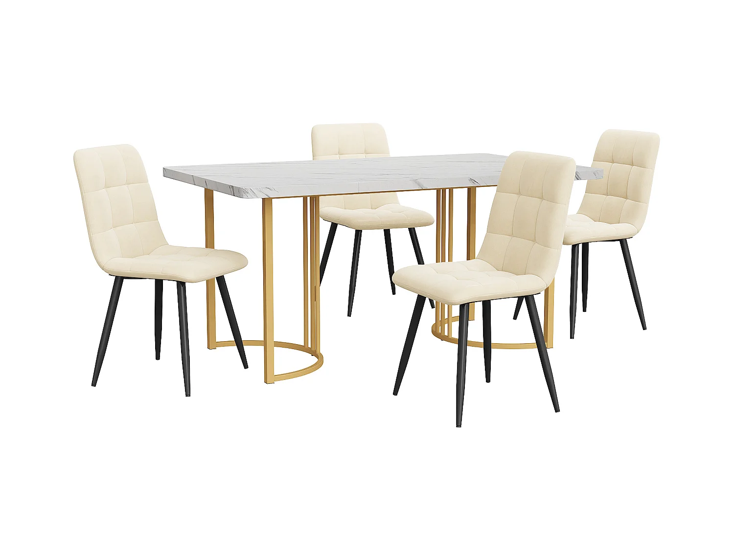 Set da pranzo da 5 pezzi, con 4 sedie, tavolo in MDF bianco con gambe in metallo dorato, sedie in velluto beige (140x80x75 cm)