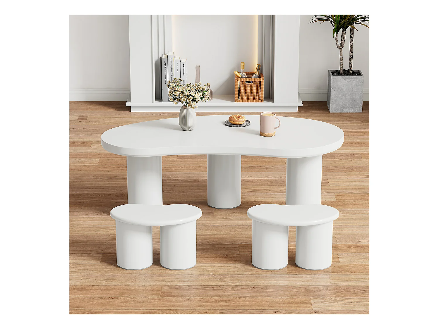 Set halvemaanvormige salontafels met 2 banken, modern design, MDF en PVC, wit (107x57x40,5cm)