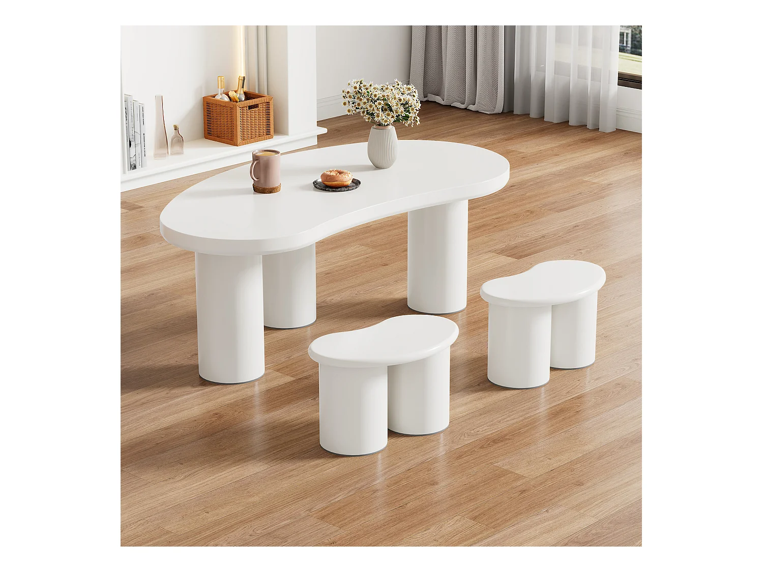 Lot table basse demi-lune avec 2 bancs, design moderne, MDF et PVC, blanc (107x57x40.5cm)