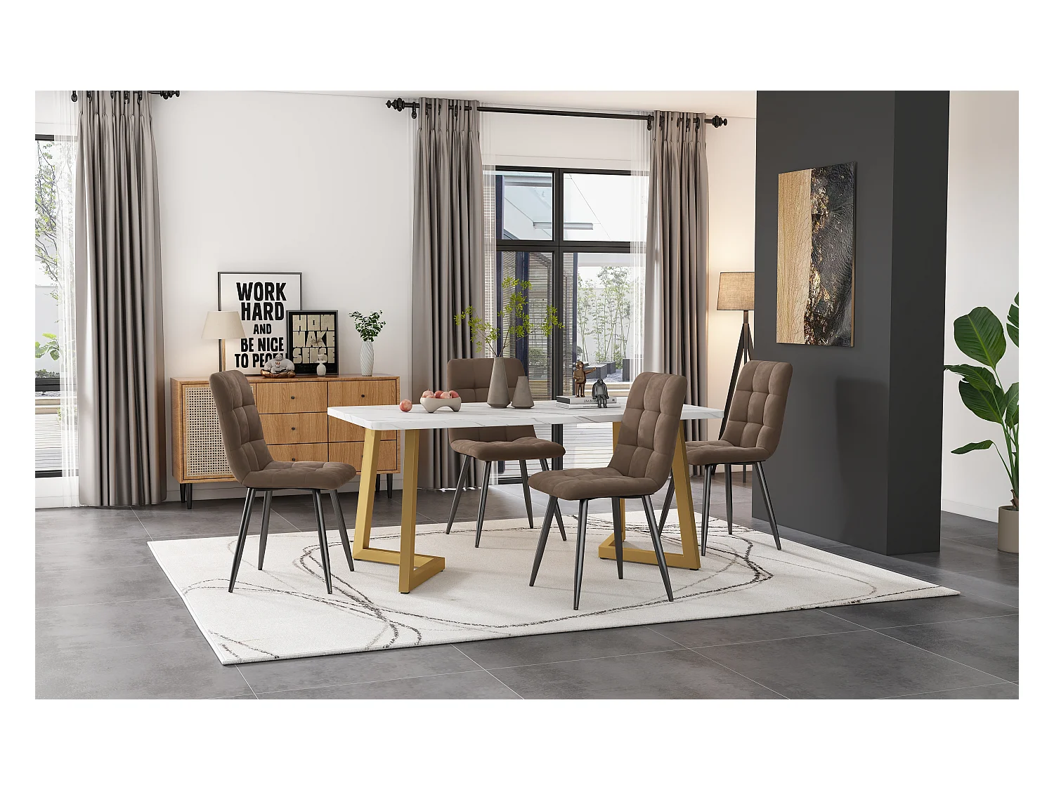 Ensemble salle à manger (Lot 117x68cm, Table rectangulaire avec 4 chaises, Chaises en velours marron, Pieds de table dorés) (117x68x75 cm)