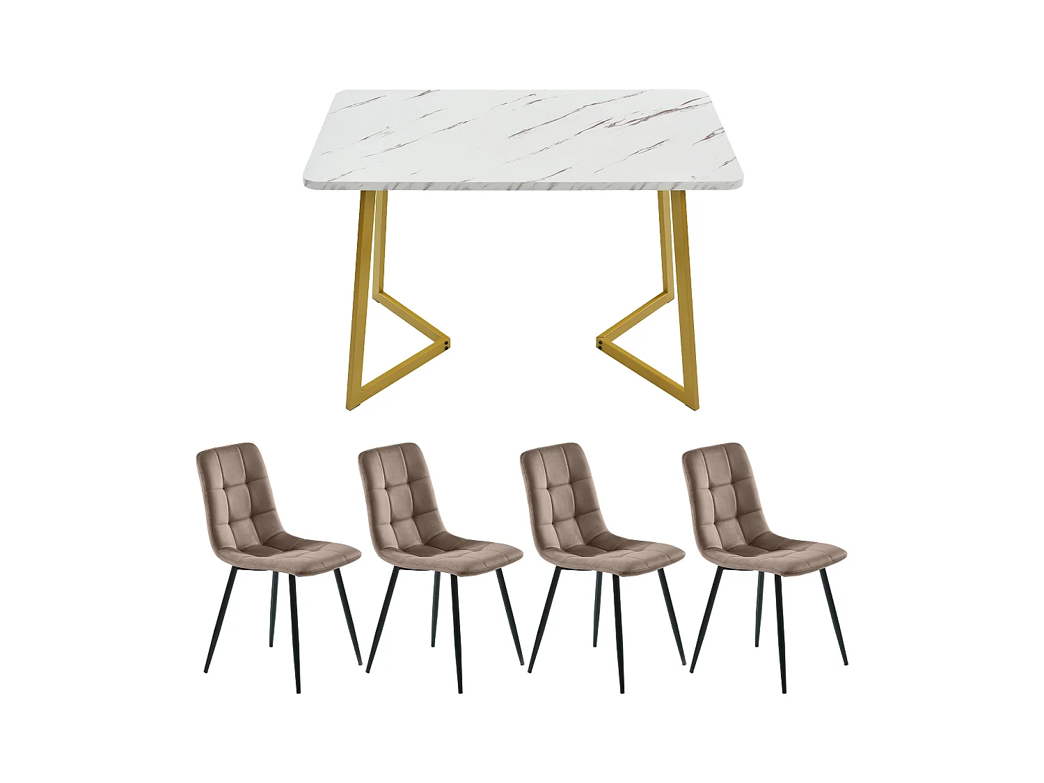 Ensemble salle à manger (Lot 117x68cm, Table rectangulaire avec 4 chaises, Chaises en velours marron, Pieds de table dorés) (117x68x75 cm)