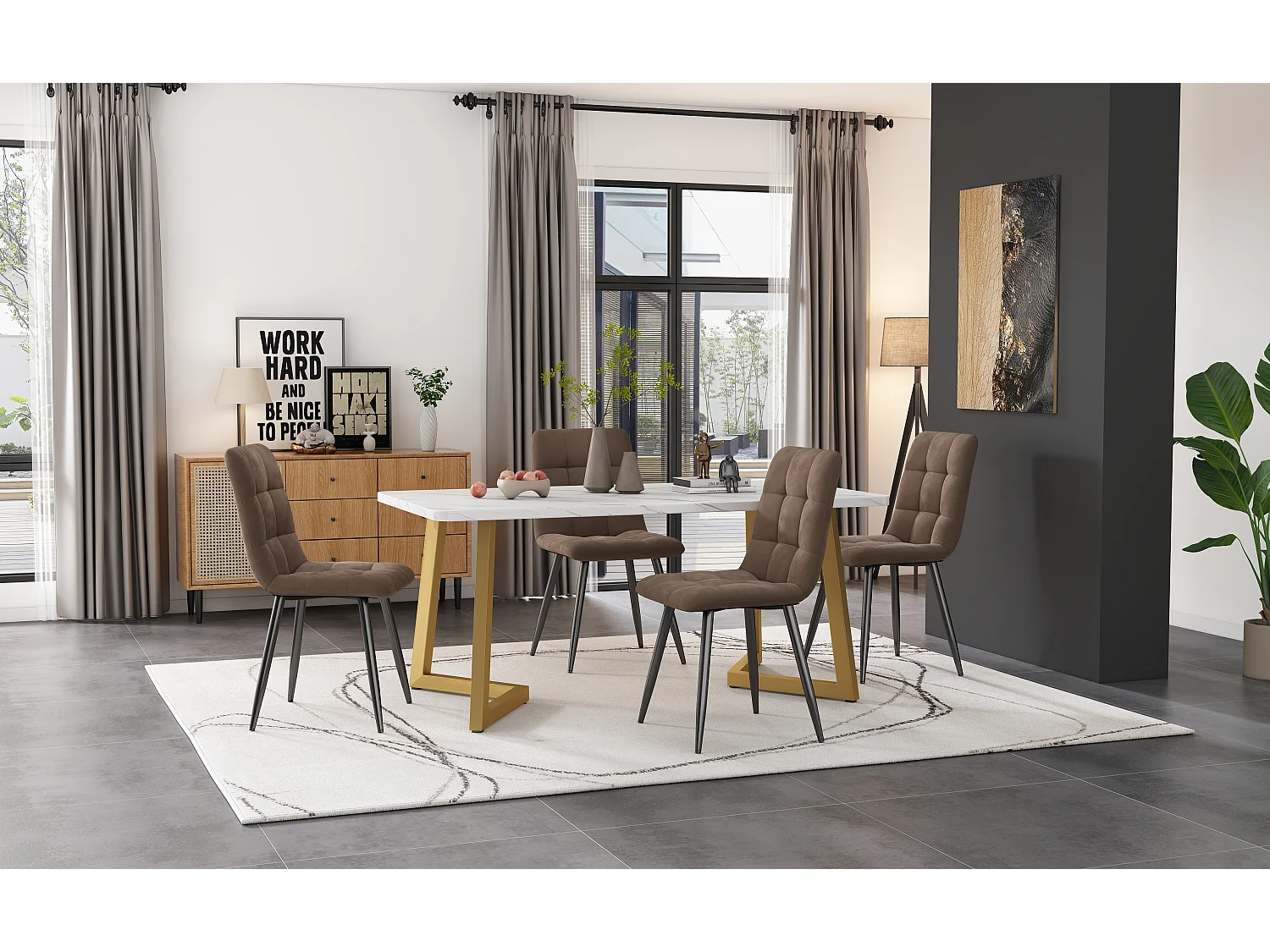 Ensemble salle à manger (Lot 117x68cm, Table rectangulaire avec 4 chaises, Chaises en velours marron, Pieds de table dorés) (117x68x75 cm)