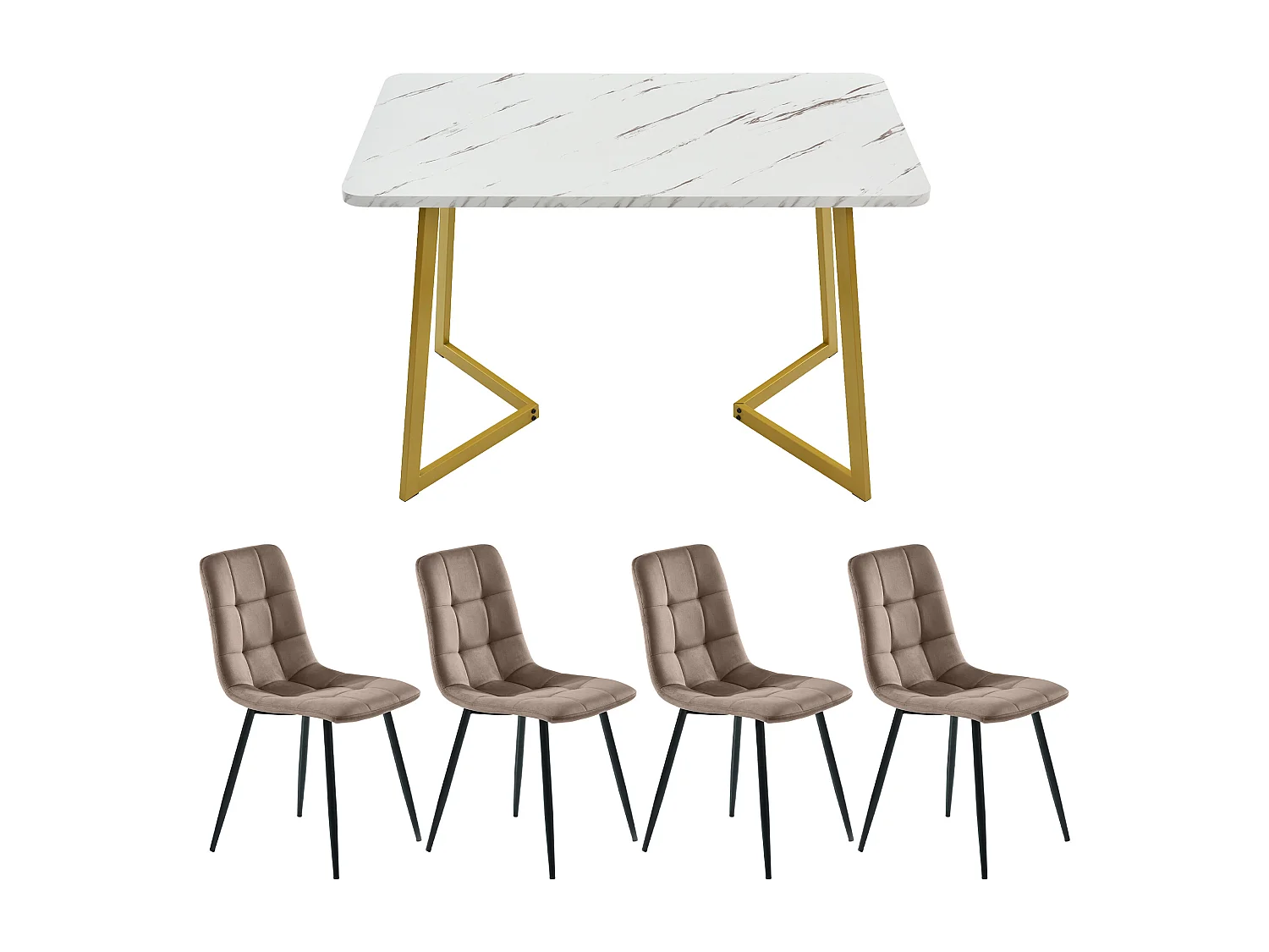 Ensemble salle à manger (Lot 117x68cm, Table rectangulaire avec 4 chaises, Chaises en velours marron, Pieds de table dorés) (117x68x75 cm)