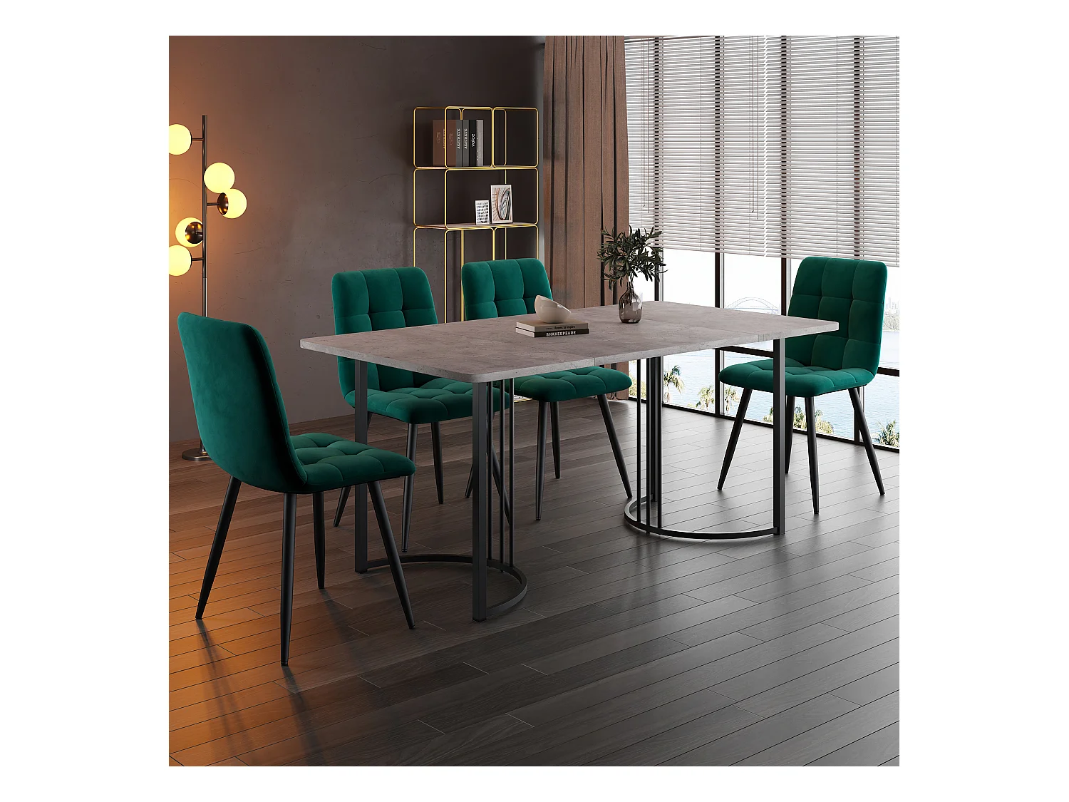 Eetkamerset (5-delig), moderne keukentafel met 4 stoelen, tafel van 140x80 cm met zwarte metalen poten, grijs MDF-blad