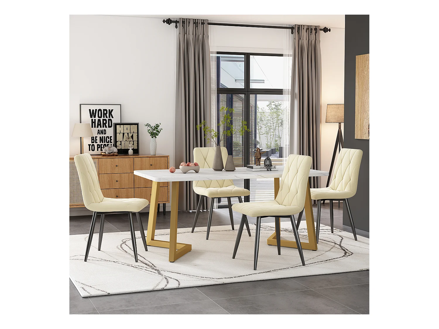Set da pranzo (set 117x68 cm, tavolo rettangolare con 4 sedie, sedie in velluto beige, gambe del tavolo dorate) (117x68x75 cm)