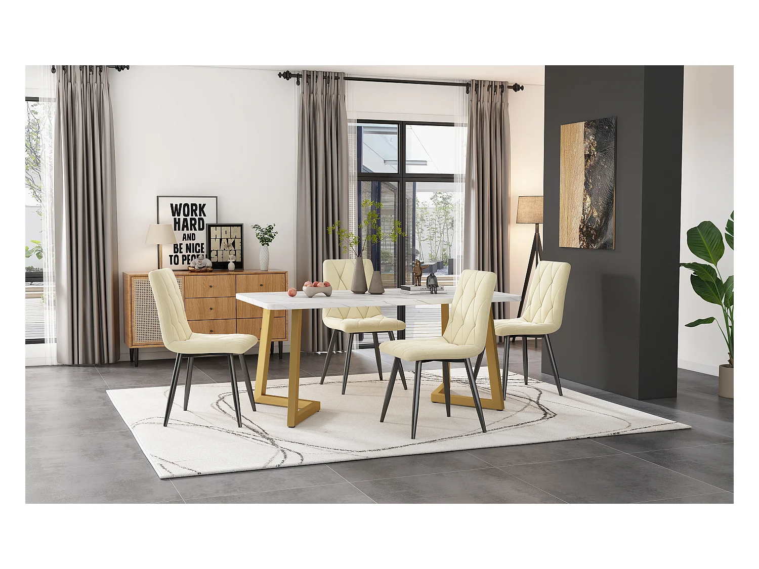 Set da pranzo (set 117x68 cm, tavolo rettangolare con 4 sedie, sedie in velluto beige, gambe del tavolo dorate) (117x68x75 cm)