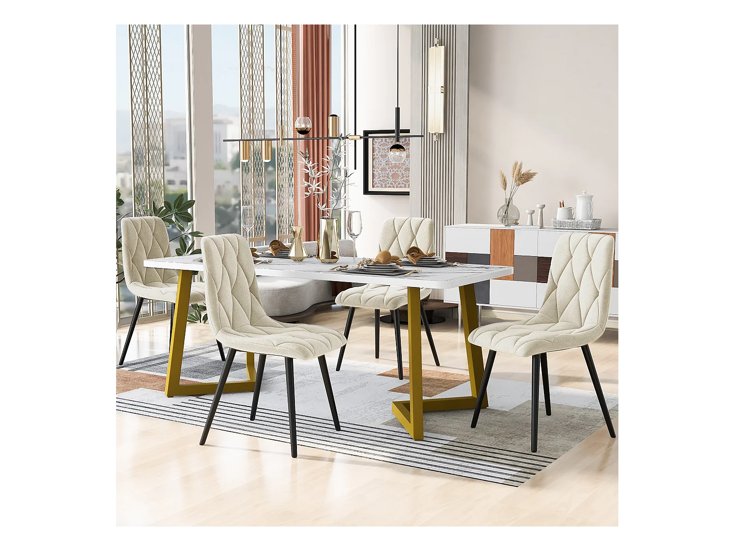 Set da pranzo (set 117x68 cm, tavolo rettangolare con 4 sedie, sedie in velluto beige, gambe del tavolo dorate) (117x68x75 cm)