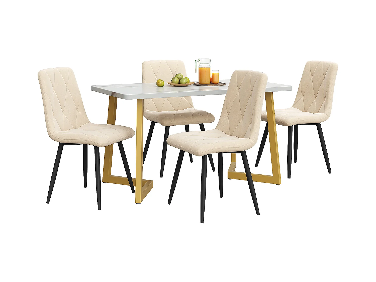 Set da pranzo (set 117x68 cm, tavolo rettangolare con 4 sedie, sedie in velluto beige, gambe del tavolo dorate) (117x68x75 cm)