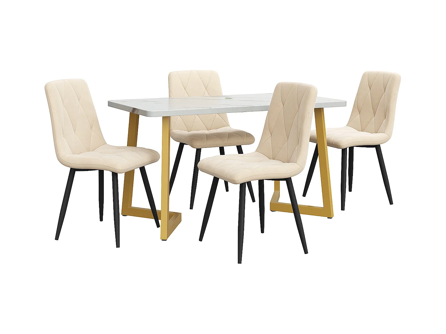 Set da pranzo (set 117x68 cm, tavolo rettangolare con 4 sedie, sedie in velluto beige, gambe del tavolo dorate) (117x68x75 cm)