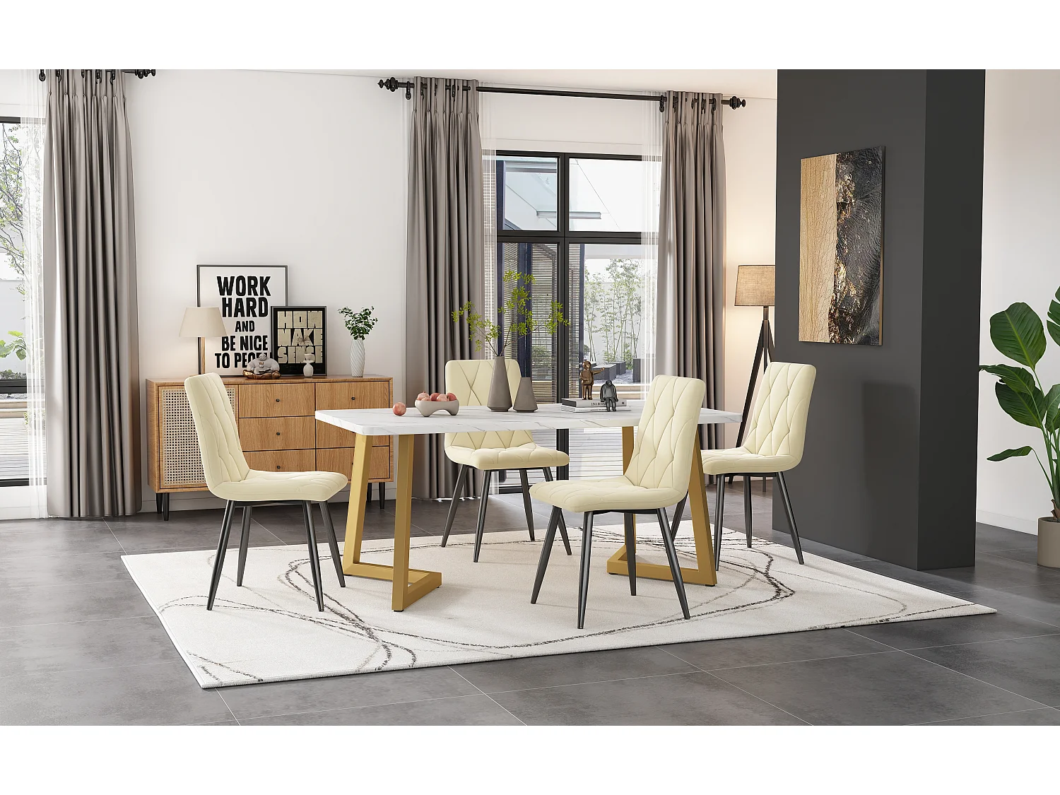 Conjunto de Comedor (117x68cm, Mesa Rectangular con 4 Sillas, Sillas de Terciopelo Sarga Beige, Patas de Mesa Doradas) (117x68x75 cm)