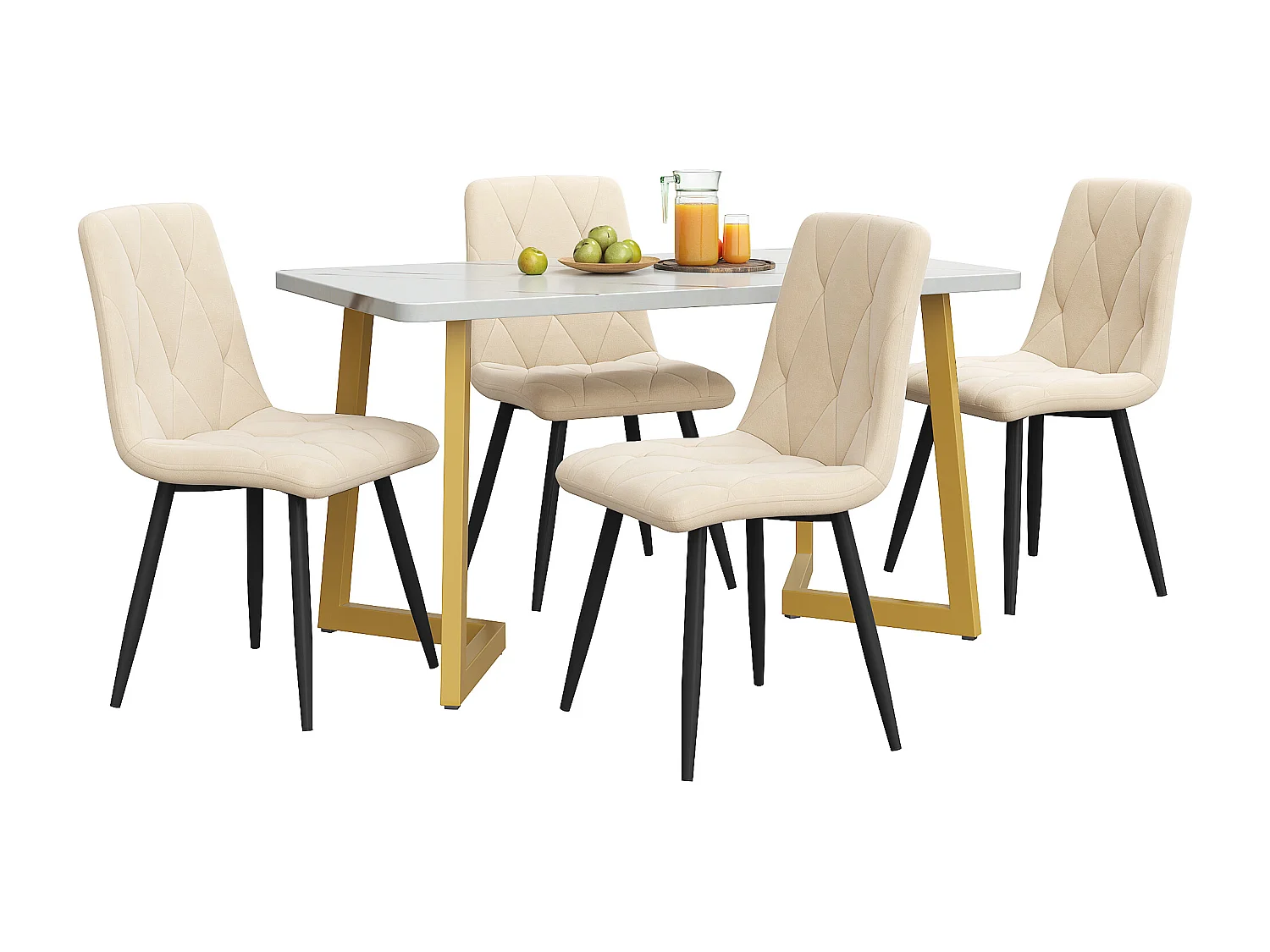 Conjunto de Comedor (117x68cm, Mesa Rectangular con 4 Sillas, Sillas de Terciopelo Sarga Beige, Patas de Mesa Doradas) (117x68x75 cm)
