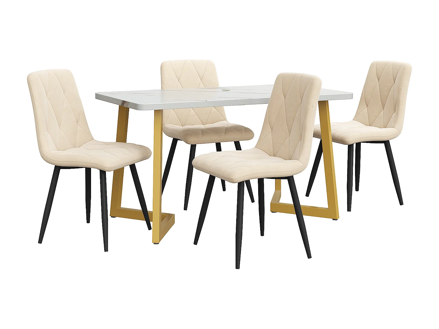 Conjunto de Comedor (117x68cm, Mesa Rectangular con 4 Sillas, Sillas de Terciopelo Sarga Beige, Patas de Mesa Doradas) (117x68x75 cm)