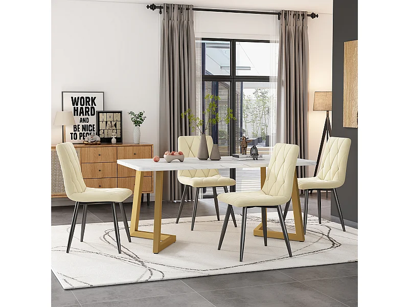 Eetkamerset (set 117x68cm, rechthoekige tafel met 4 stoelen, beige keperfluwelen stoelen, gouden tafelpoten) (117x68x75 cm)