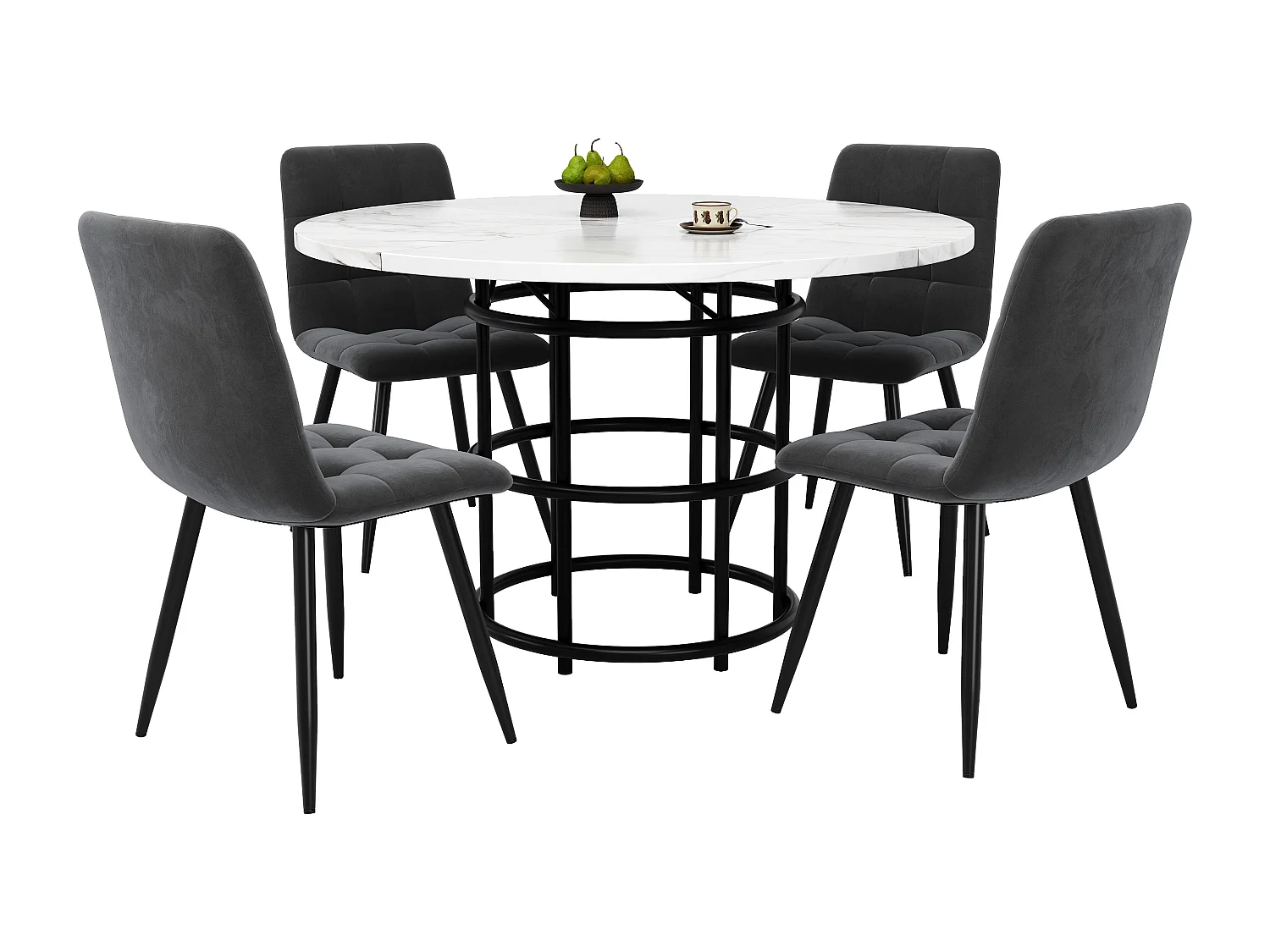 Ensemble de table à manger (5 pièces), table ronde avec 4 chaises, MDF blanc, siège en velours gris (100×100×76 cm)