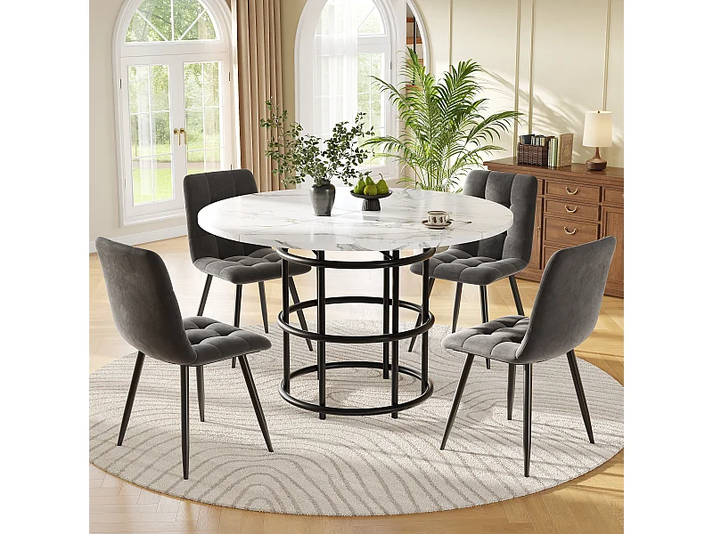 Ensemble de table à manger (5 pièces), table ronde avec 4 chaises, MDF blanc, siège en velours gris (100×100×76 cm)