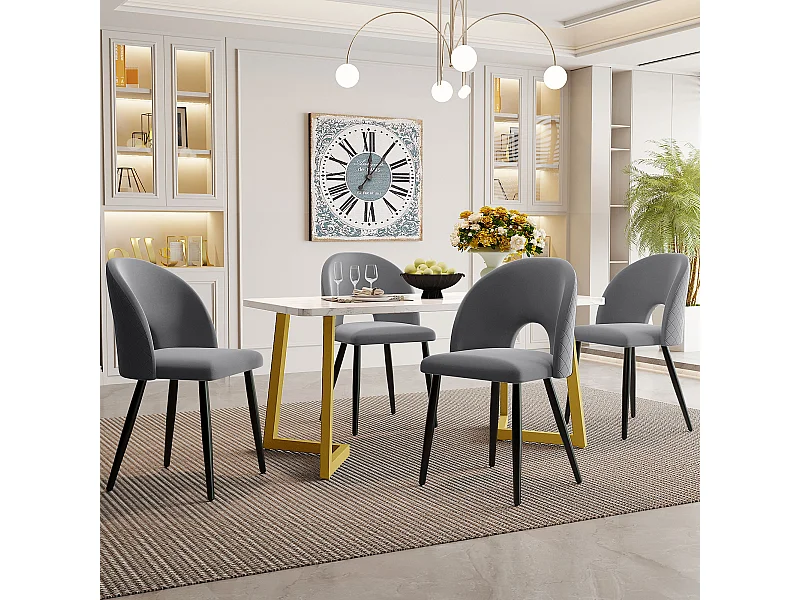 Essgruppe (5 stuks), Rechthoekige tafel 117x68 cm met 4 grijze fluwelen stoelen, gouden metalen poten, ruitmotief