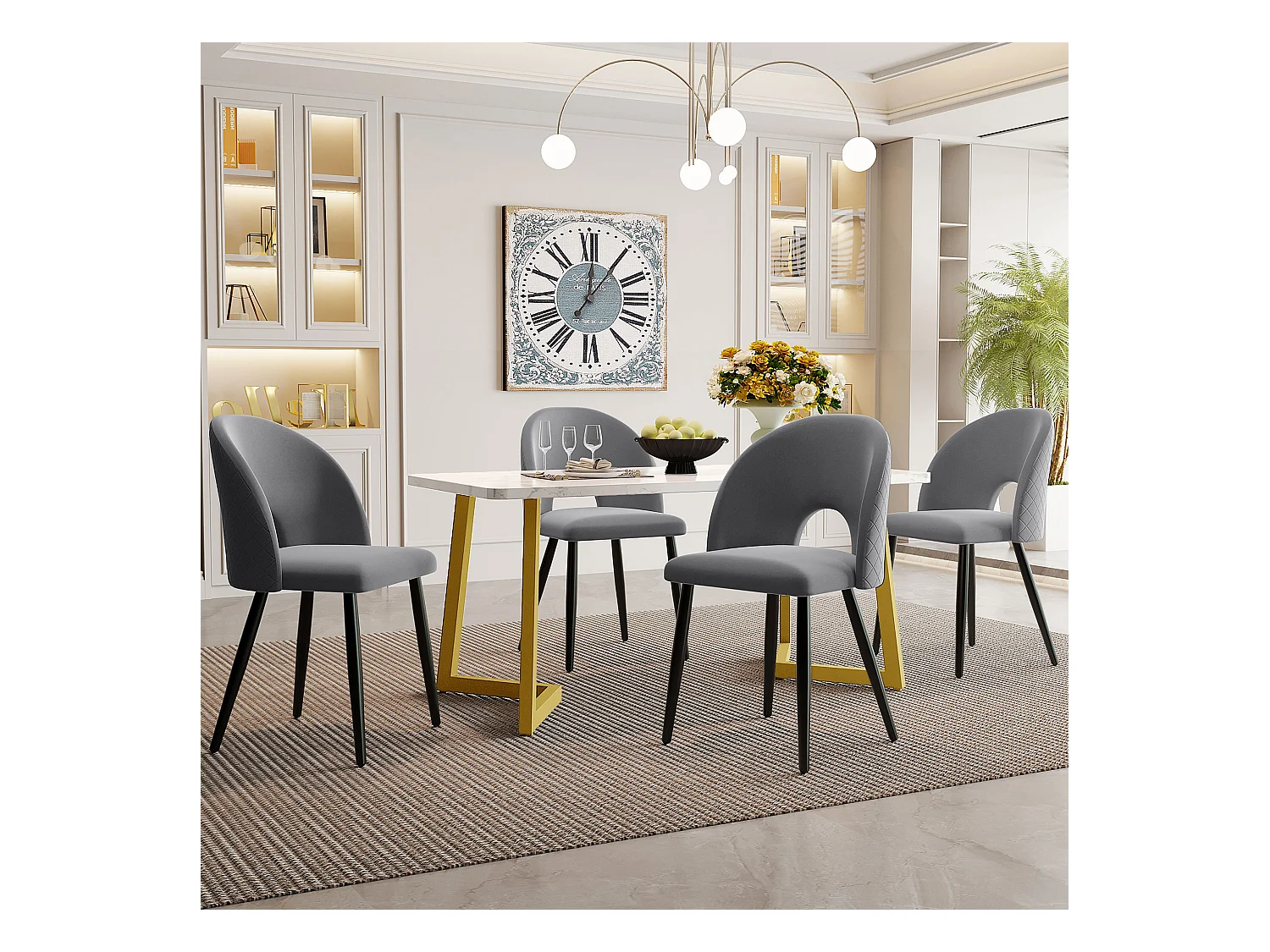 Essgruppe (5 stuks), Rechthoekige tafel 117x68 cm met 4 grijze fluwelen stoelen, gouden metalen poten, ruitmotief