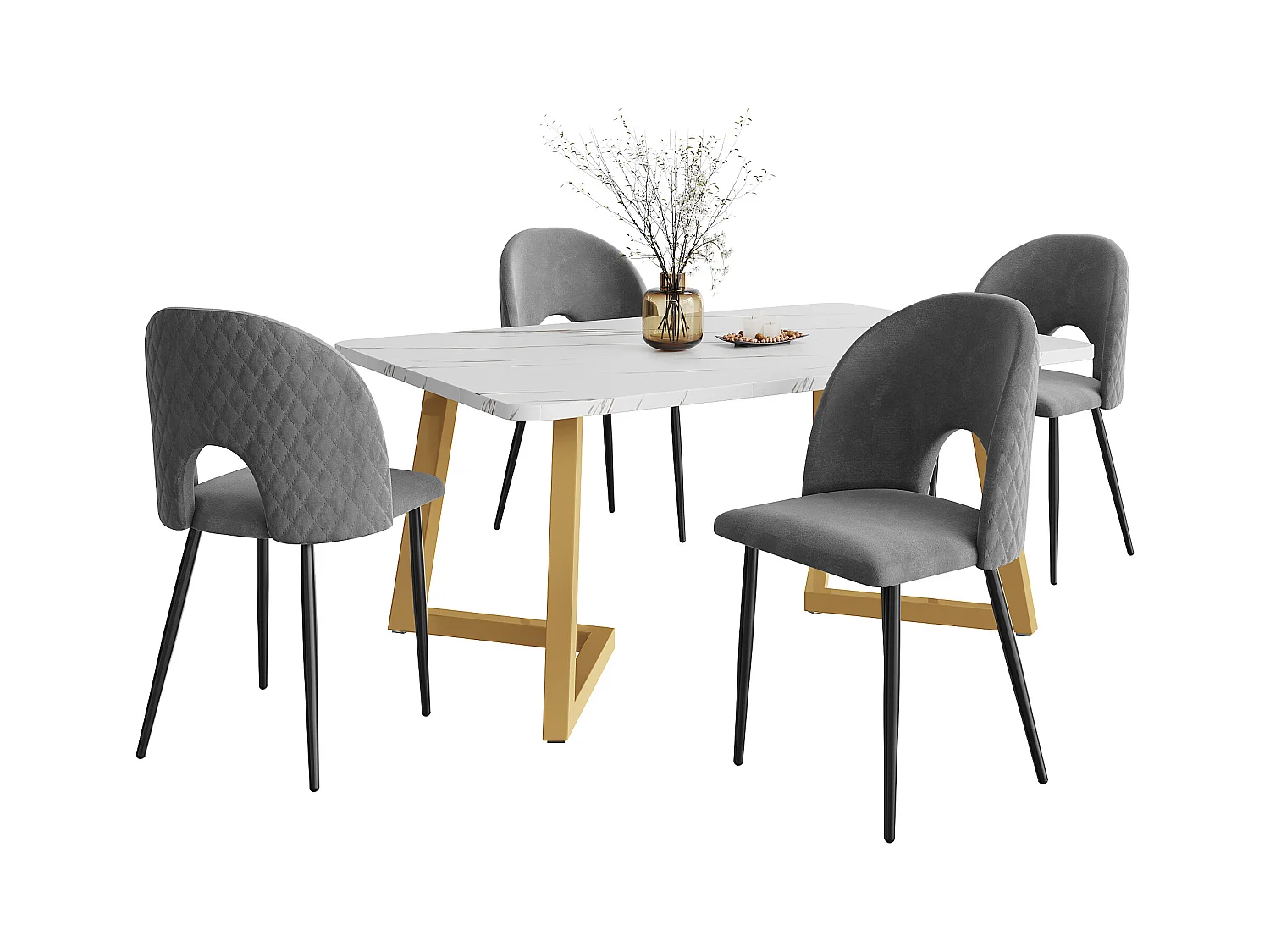 Essgruppe (5 stuks), Rechthoekige tafel 117x68 cm met 4 grijze fluwelen stoelen, gouden metalen poten, ruitmotief