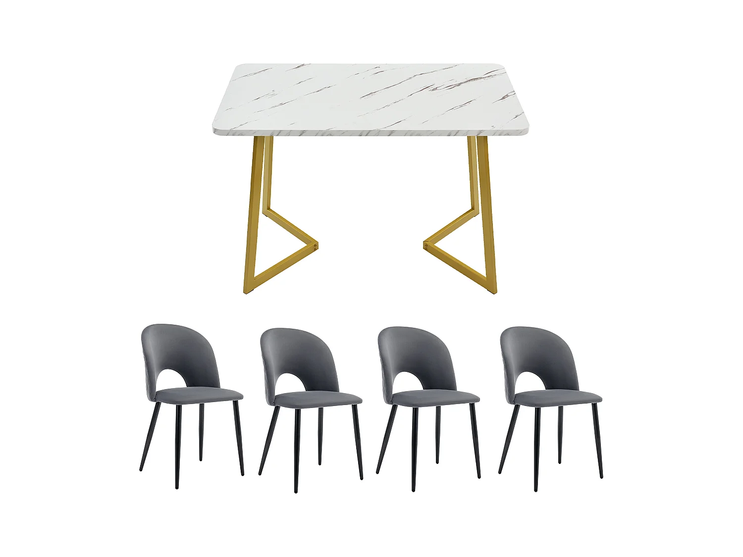 Essgruppe (5 stuks), Rechthoekige tafel 117x68 cm met 4 grijze fluwelen stoelen, gouden metalen poten, ruitmotief