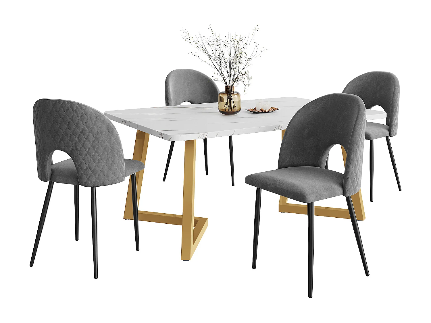 ensemble de salle à manger (5 pièces), Table Rectangulaire 117x68 cm avec 4 Chaises en Velours Gris, Pieds Métalliques Dorés, Design Diamant