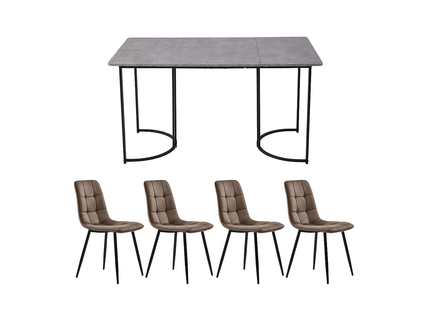 Ensemble salle à manger 140x80x75 cm avec 4 chaises en velours gris, pieds métalliques noirs et dorés, table en MDF blanc