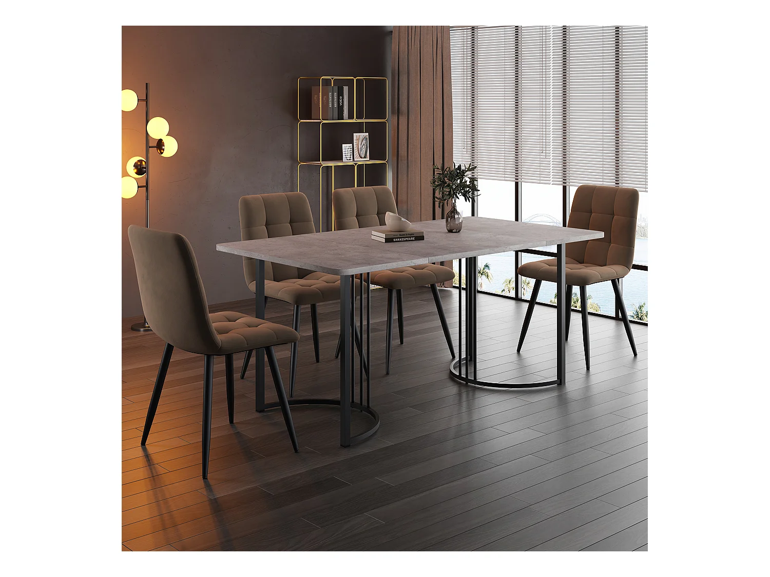 Ensemble salle à manger 140x80x75 cm avec 4 chaises en velours gris, pieds métalliques noirs et dorés, table en MDF blanc