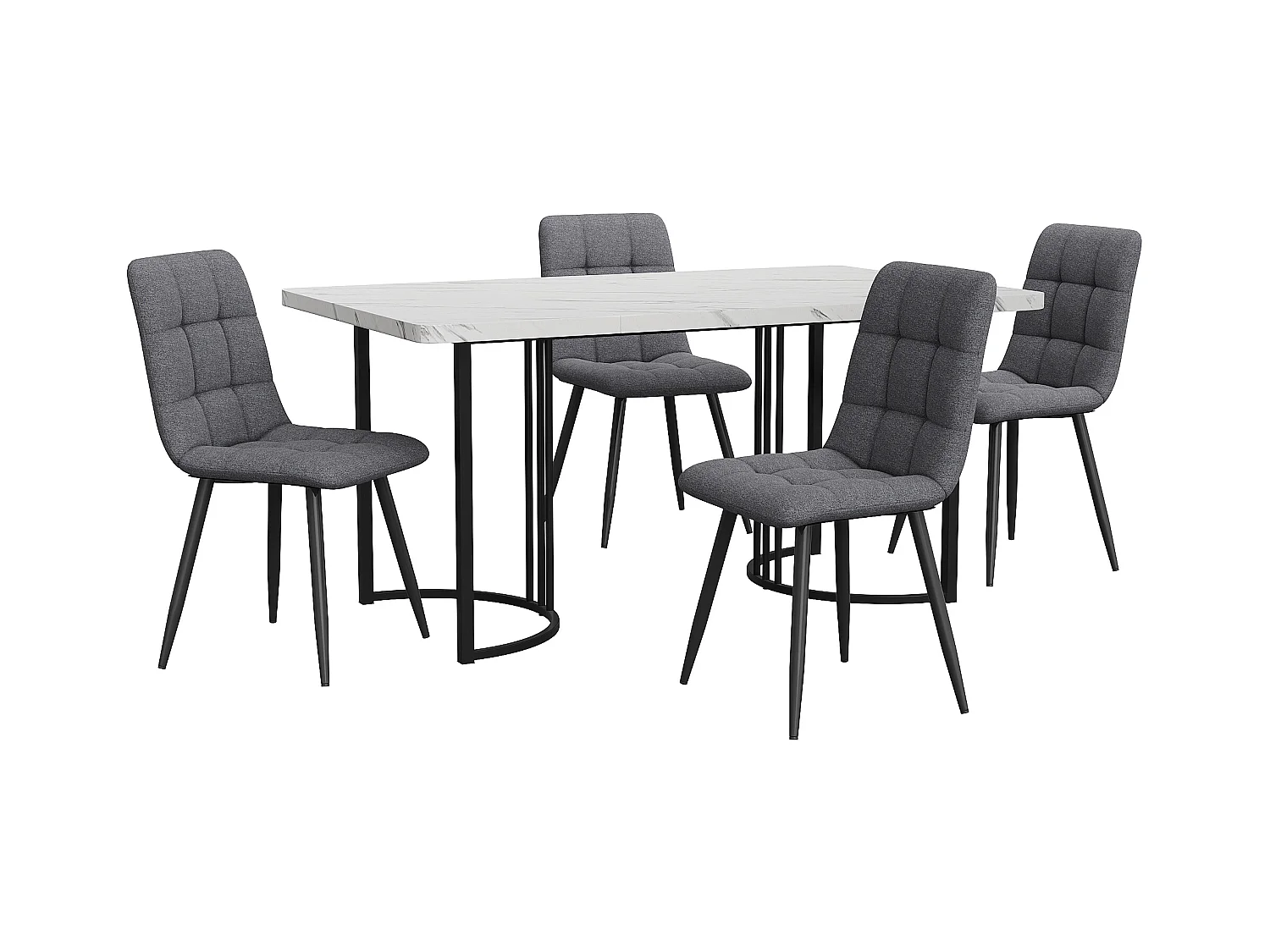 Eetkamerset van 5 stuks, tafel en 4 stoelen, grijs fluweel met ruitpatroon, zwarte metalen poten, wit MDF en gouden poten (140x80x75 cm)