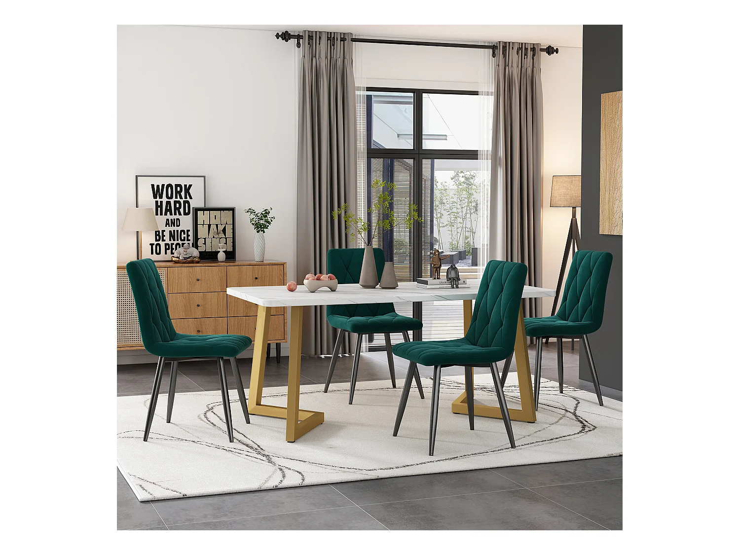 Essgruppe (5 pezzi), tavolo rettangolare 117x68 cm con 4 sedie in velluto verde scuro, gambe in metallo dorato, design a diamante