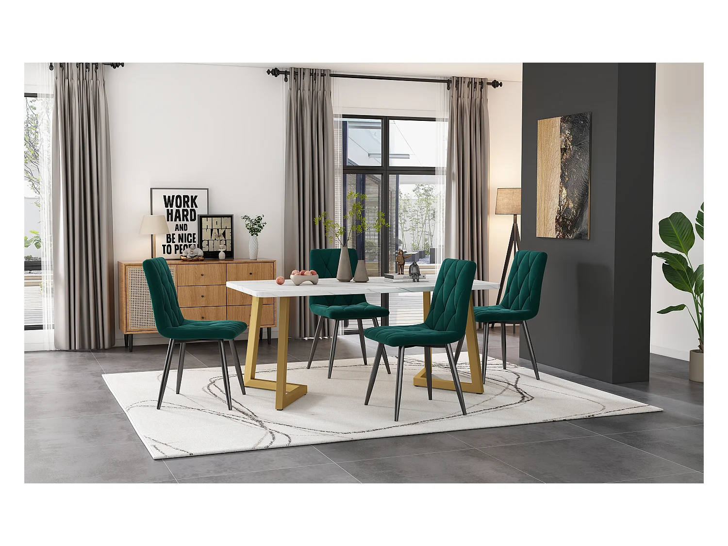 Essgruppe (5 pezzi), tavolo rettangolare 117x68 cm con 4 sedie in velluto verde scuro, gambe in metallo dorato, design a diamante