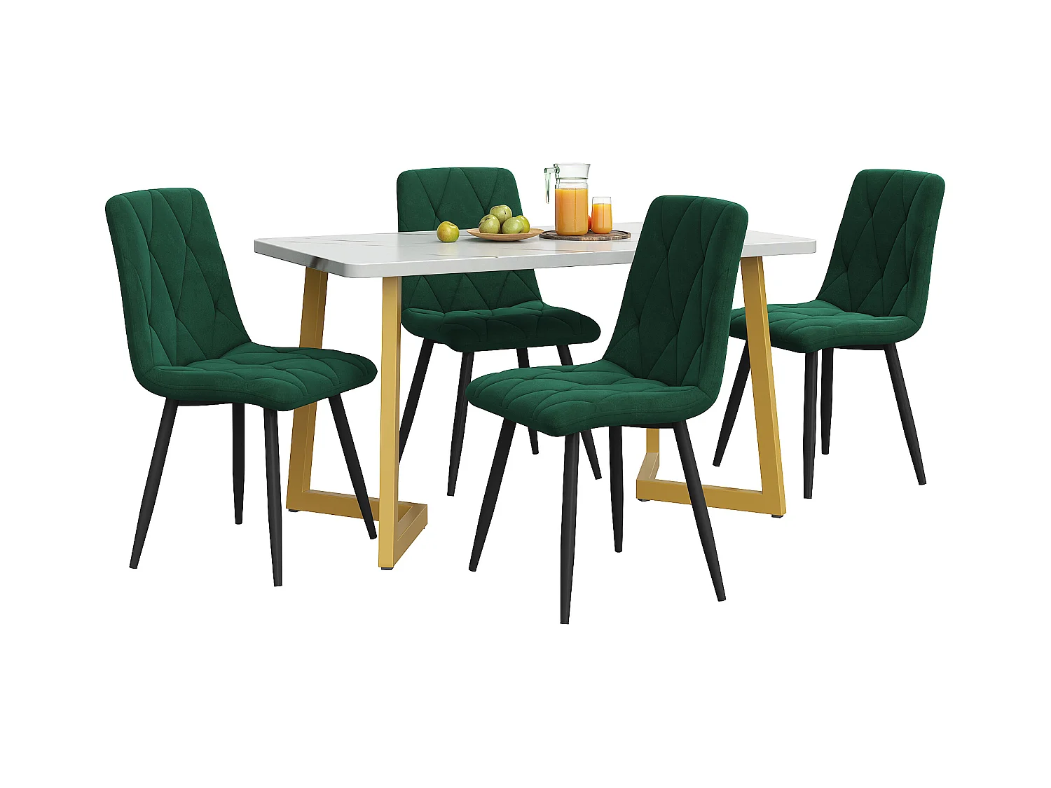 Essgruppe (5 pezzi), tavolo rettangolare 117x68 cm con 4 sedie in velluto verde scuro, gambe in metallo dorato, design a diamante
