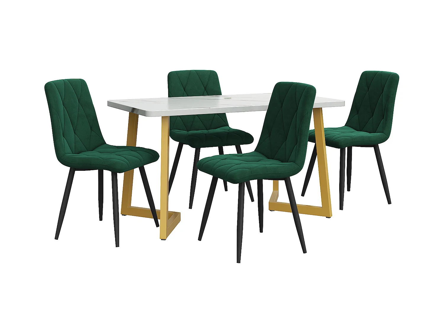 Essgruppe (5 pezzi), tavolo rettangolare 117x68 cm con 4 sedie in velluto verde scuro, gambe in metallo dorato, design a diamante