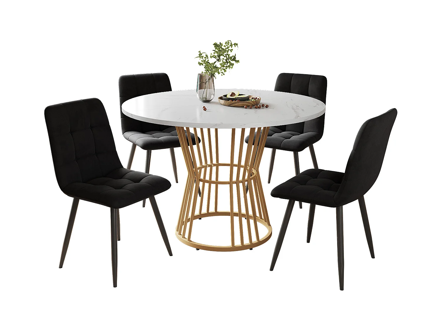 Lot de table à manger (5 pièces), table ronde de 100 cm avec pieds métalliques dorés, MDF blanc, chaises en velours noir (100x100x75 cm)