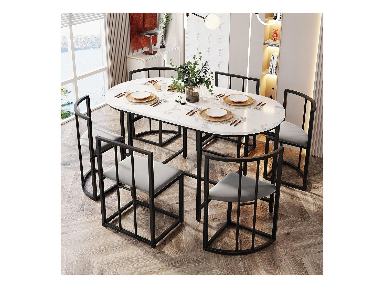 Conjunto de mesa de comedor con 6 sillas, mesa blanca con respaldo y cojín gris, estructura de metal negro, MDF (140 x 80 x 76 cm)