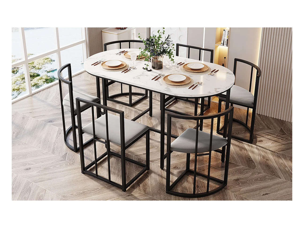 Conjunto de mesa de comedor con 6 sillas, mesa blanca con respaldo y cojín gris, estructura de metal negro, MDF (140 x 80 x 76 cm)