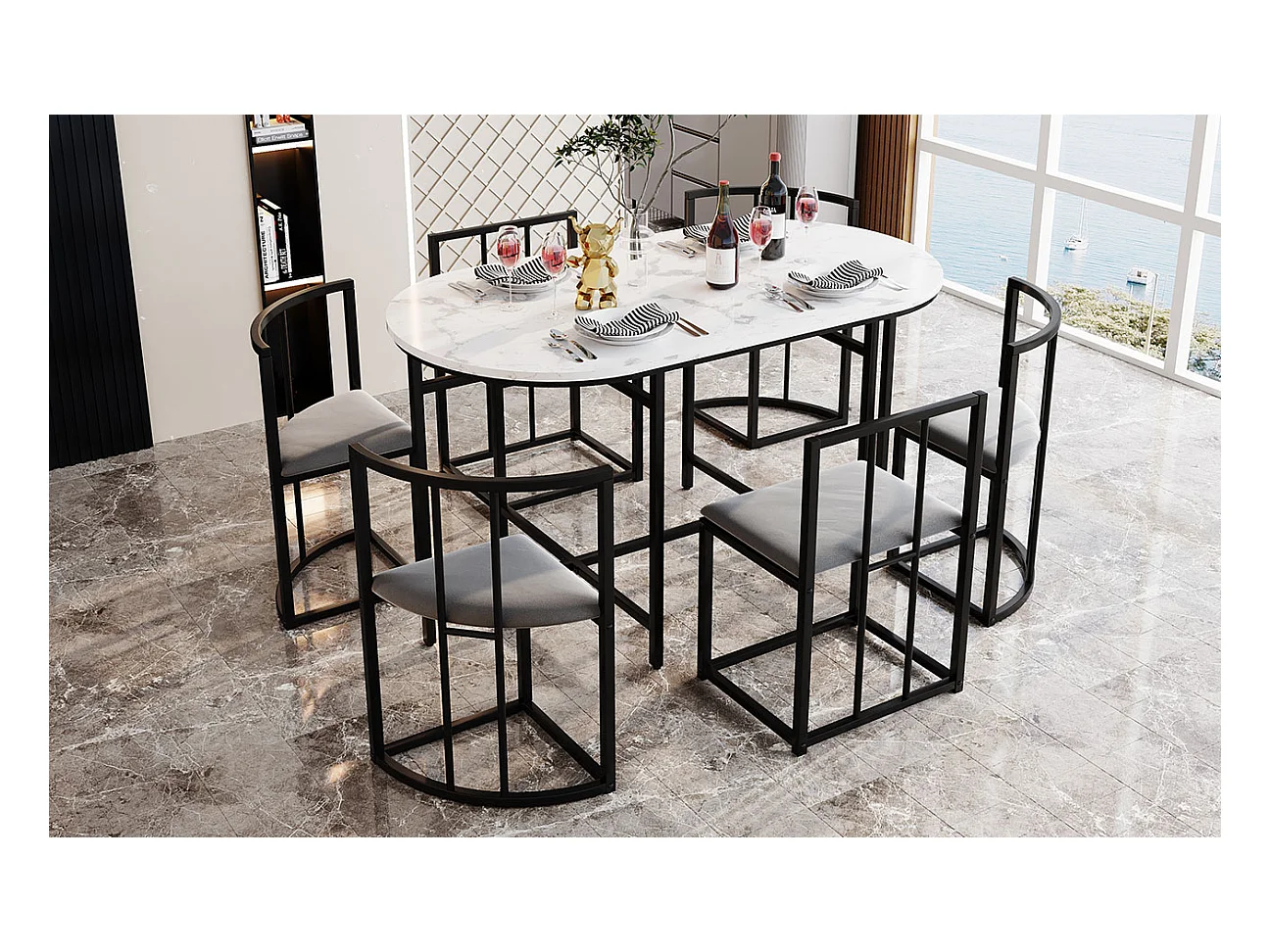 Conjunto de mesa de comedor con 6 sillas, mesa blanca con respaldo y cojín gris, estructura de metal negro, MDF (140 x 80 x 76 cm)