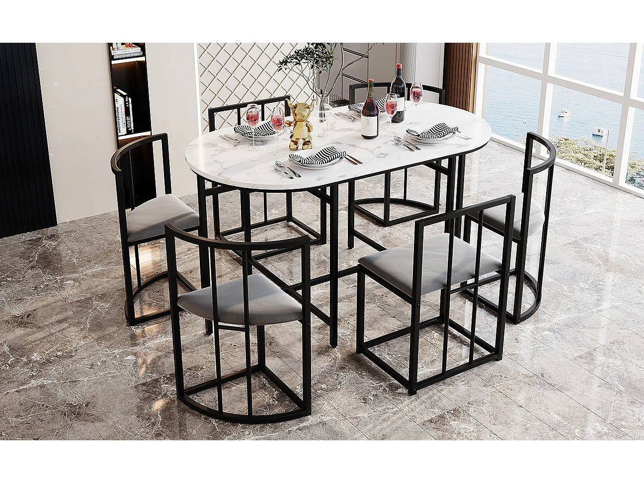 Conjunto de mesa de comedor con 6 sillas, mesa blanca con respaldo y cojín gris, estructura de metal negro, MDF (140 x 80 x 76 cm)