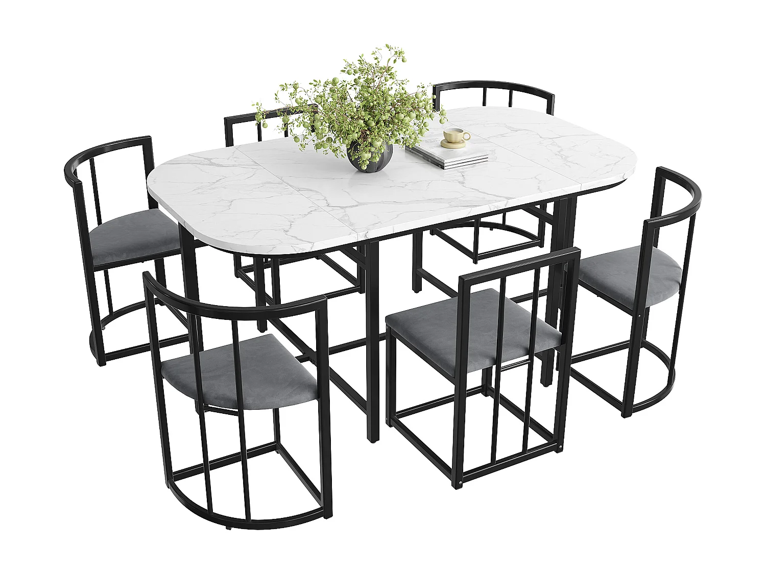 Conjunto de mesa de comedor con 6 sillas, mesa blanca con respaldo y cojín gris, estructura de metal negro, MDF (140 x 80 x 76 cm)
